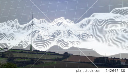 Displaying white data waveform overlay crossing rural fields, showing wind turbine and shed Displaying white data waveform overlay crossing rural fields, showing wind turbine and shed 142642488