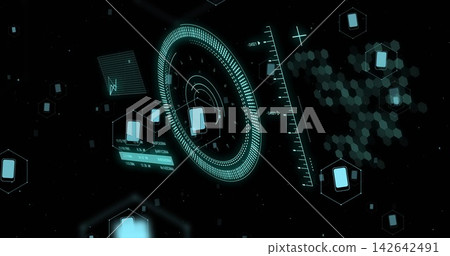 Scanning central circular holographic ring in black void, showing phone icons and hex tiles Scanning central circular holographic ring in black void, showing phone icons and hex tiles 142642491