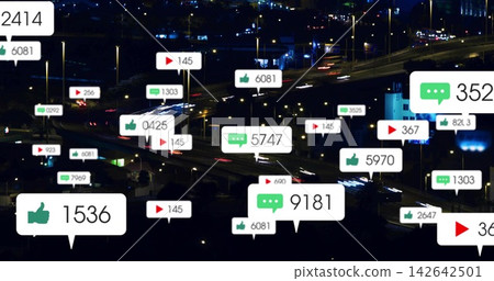 Floating social notification bubbles hovering above urban interchange at night, with light trails Floating social notification bubbles hovering above urban interchange at night, with light trails 142642501