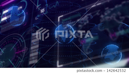 Orbiting central holographic globe rotating in dark console, showing spiral lines, HUD frame, gauge Orbiting central holographic globe rotating in dark console, showing spiral lines, HUD frame, gauge 142642532