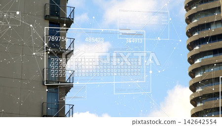 Framing beige tower with metal balconies and sliding doors on left, showing HUD overlay, copy space Framing beige tower with metal balconies and sliding doors on left, showing HUD overlay, copy space 142642554
