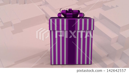 Sitting striped gift box with wide purple ribbon, curled bow on minimalist platform casting shadow Sitting striped gift box with wide purple ribbon, curled bow on minimalist platform casting shadow 142642557