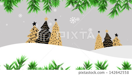 Showing patterned gold black triangular Christmas trees sitting on snowy hills, with green garlands Showing patterned gold black triangular Christmas trees sitting on snowy hills, with green garlands 142642558