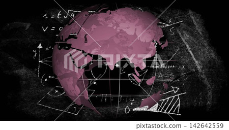 Displaying magenta globe showing Asia and Australia on chalkboard, with grid and math diagrams 142642559