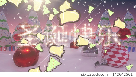 Glowing central cluster of icing trees and big ornaments sparkling on snowy plane, with cookies Glowing central cluster of icing trees and big ornaments sparkling on snowy plane, with cookies 142642561
