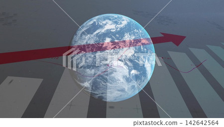 Displaying rendered Earth globe spinning on dark dashboard with red arrow, grey bars, magenta line Displaying rendered Earth globe spinning on dark dashboard with red arrow, grey bars, magenta line 142642564