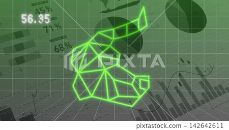 Floating neon green low-poly bull head rotating over grid plane, showing readout 56 Floating neon green low-poly bull head rotating over grid plane, showing readout 56 142642611