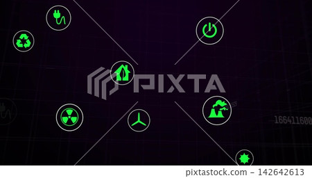 Floating neon icons filling virtual panel in dark grid, showing recycling plug nuclear wind factory Floating neon icons filling virtual panel in dark grid, showing recycling plug nuclear wind factory 142642613