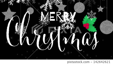 Displaying large brush-script Christmas text and block MERRY text on black banner, holly Displaying large brush-script Christmas text and block MERRY text on black banner, holly 142642621