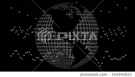 Rotating wireframe globe showing grid and Americas silhouettes on black field, with pixel clusters Rotating wireframe globe showing grid and Americas silhouettes on black field, with pixel clusters 142642622