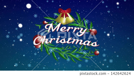 Showing green laurel wreath, gold bell, red baubles, white Merry Christmas text on night-sky card Showing green laurel wreath, gold bell, red baubles, white Merry Christmas text on night-sky card 142642624