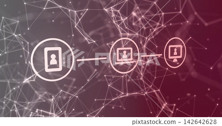 Displaying horizontal chain of tablet laptop desktop icons centered in digital mesh, glowing nodes Displaying horizontal chain of tablet laptop desktop icons centered in digital mesh, glowing nodes 142642628