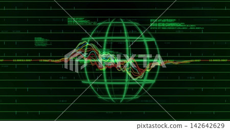 Displaying glowing green wireframe globe crossing rainbow waveform on system UI with grid readouts Displaying glowing green wireframe globe crossing rainbow waveform on system UI with grid readouts 142642629