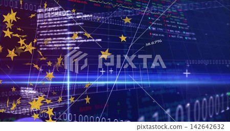 Floating cluster of golden stars moving across finance panels with binary code, blue light, 38 Floating cluster of golden stars moving across finance panels with binary code, blue light, 38 142642632