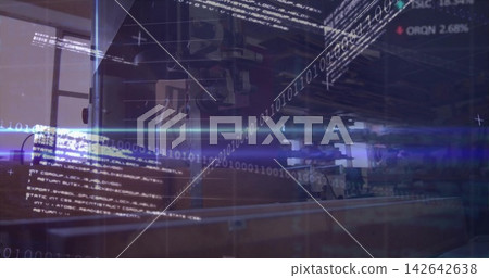 Displaying large vertical machine showing spindle and worktable at factory, with binary code Displaying large vertical machine showing spindle and worktable at factory, with binary code 142642638