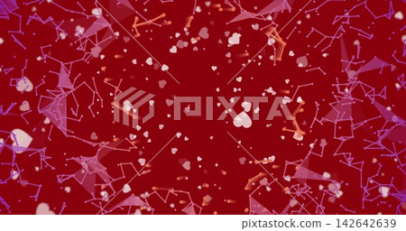 Floating cluster of sheer heart bokeh and glowing dots orbiting deep red canvas with polygon mesh Floating cluster of sheer heart bokeh and glowing dots orbiting deep red canvas with polygon mesh 142642639