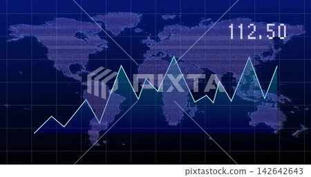 Displaying cyan teal line graph fluctuating on dashboard at center, with dotted map, grid, 112 Displaying cyan teal line graph fluctuating on dashboard at center, with dotted map, grid, 112 142642643