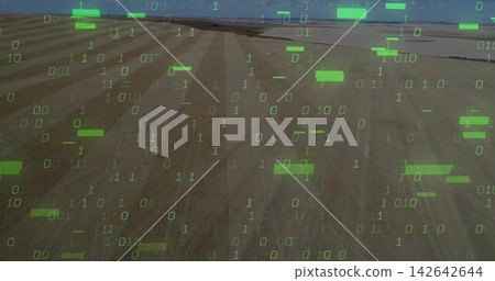 Showing harvested field with parallel rows from aerial view, overlaying neon-green binary data bars Showing harvested field with parallel rows from aerial view, overlaying neon-green binary data bars 142642644