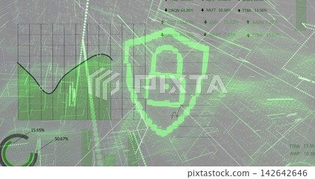 Glowing green shield badge showing padlock on data dashboard, with area chart, gauge, percent Glowing green shield badge showing padlock on data dashboard, with area chart, gauge, percent 142642646