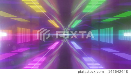 Glowing central ring emitting horizontal lens flare inside futuristic corridor, with neon panels Glowing central ring emitting horizontal lens flare inside futuristic corridor, with neon panels 142642648