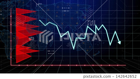 Receiving data feed driving cyan zigzag chart declining across analytics panel, red histogram Receiving data feed driving cyan zigzag chart declining across analytics panel, red histogram 142642652