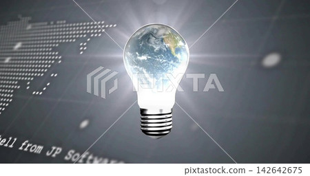 Floating incandescent bulb enclosing Earth globe, emitting halo over dark gray backdrop, dotted map Floating incandescent bulb enclosing Earth globe, emitting halo over dark gray backdrop, dotted map 142642675