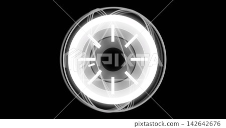 Featuring glowing concentric rings with dark core, 8 spokes, swirling light trails on black field 142642676