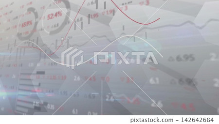 Displaying central financial dashboard showing red and white trend lines, candlesticks, figures 142642684