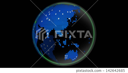 Spinning stylized globe showing blue dot map on black, with white lights and green rim Spinning stylized globe showing blue dot map on black, with white lights and green rim 142642685