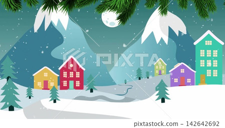 Glowing colorful houses sitting on snowy hillside in mountain village at night, moonlit mountains Glowing colorful houses sitting on snowy hillside in mountain village at night, moonlit mountains 142642692