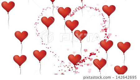 Floating red heart balloons drifting on white backdrop, thin strings and confetti heart outline Floating red heart balloons drifting on white backdrop, thin strings and confetti heart outline 142642695