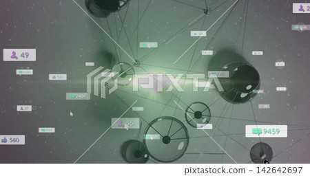 Showing 3D network of spherical nodes, wires in virtual space, with UI badges, cursor, green flare 142642697