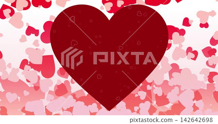 Featuring large dark red heart floating above pink red confetti hearts on greeting card Featuring large dark red heart floating above pink red confetti hearts on greeting card 142642698