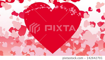 Displaying large solid red heart centered on white-to-pink gradient, with many hearts and speckles Displaying large solid red heart centered on white-to-pink gradient, with many hearts and speckles 142642701