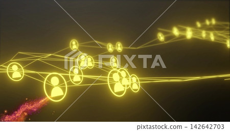Glowing cluster of yellow avatar icons forming web across virtual space, with pink particle trail Glowing cluster of yellow avatar icons forming web across virtual space, with pink particle trail 142642703