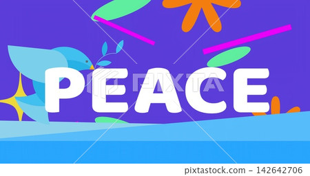 Showing large white PEACE text on purple banner, blue dove holding olive branch above blue bands Showing large white PEACE text on purple banner, blue dove holding olive branch above blue bands 142642706