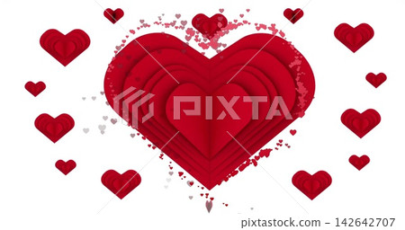 Featuring large layered red heart creating paper-cut depth on white canvas, with scattered confetti Featuring large layered red heart creating paper-cut depth on white canvas, with scattered confetti 142642707