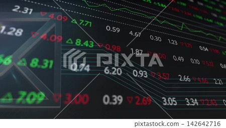 Displaying trading display showing numeric ticks, green up red down triangles, blue contours, prism Displaying trading display showing numeric ticks, green up red down triangles, blue contours, prism 142642716