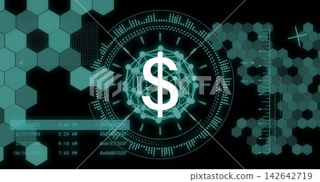Rotating central dollar-sign motif pulsing on virtual dashboard, with HUD, network nodes, hex tiles Rotating central dollar-sign motif pulsing on virtual dashboard, with HUD, network nodes, hex tiles 142642719