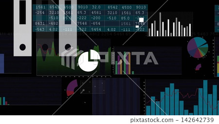 Displaying analytics UI, showing numeric table, pie icon on area chart, bar charts donut Displaying analytics UI, showing numeric table, pie icon on area chart, bar charts donut 142642739