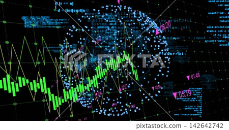 Finance UI updating on tick, animating green candles, yellow trend, blue globe for market insight Finance UI updating on tick, animating green candles, yellow trend, blue globe for market insight 142642742
