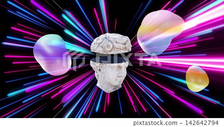 Floating marble bust showing horizontal split and black gap in studio, neon streaks, three blobs Floating marble bust showing horizontal split and black gap in studio, neon streaks, three blobs 142642794