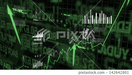 Displaying rising green trend line moving across onscreen trading dashboard, with bars and arrows Displaying rising green trend line moving across onscreen trading dashboard, with bars and arrows 142642801