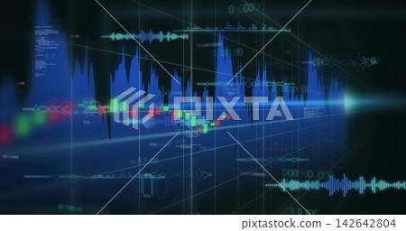 Animating central layered data in virtual tunnel, showing 3D grid, candlesticks, readouts Animating central layered data in virtual tunnel, showing 3D grid, candlesticks, readouts 142642804