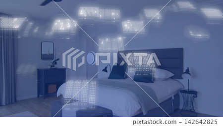 Featuring upholstered bed with tall headboard and white bedding in modern bedroom, with ottoman Featuring upholstered bed with tall headboard and white bedding in modern bedroom, with ottoman 142642825