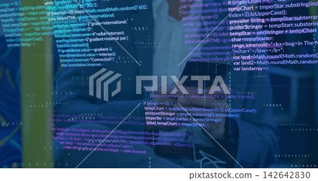 Holding slim tablet, professional in dark suit jacket interacting with code overlays at office Holding slim tablet, professional in dark suit jacket interacting with code overlays at office 142642830