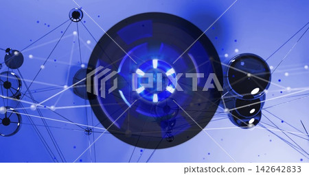 Pulsing central hub emitting blue light in digital art, with nodes, discs, filaments, sparks Pulsing central hub emitting blue light in digital art, with nodes, discs, filaments, sparks 142642833