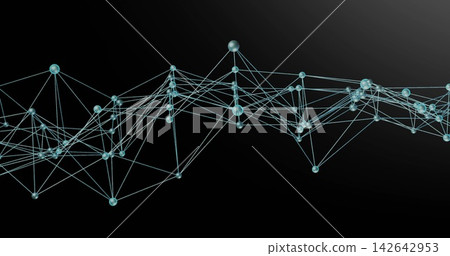 Undulating teal node network forming cyan wireframe on dark backdrop, glossy nodes Undulating teal node network forming cyan wireframe on dark backdrop, glossy nodes 142642953