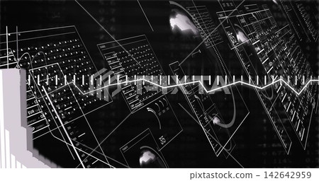 Displaying bright zigzag waveform connecting glass panels in virtual dashboard, with numeric gauges 142642959