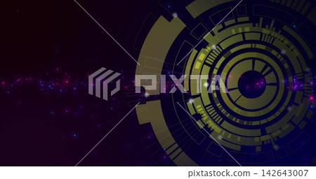 Displaying HUD spinning at right over purple nebula, with ring overlays and data blocks, copy space Displaying HUD spinning at right over purple nebula, with ring overlays and data blocks, copy space 142643007